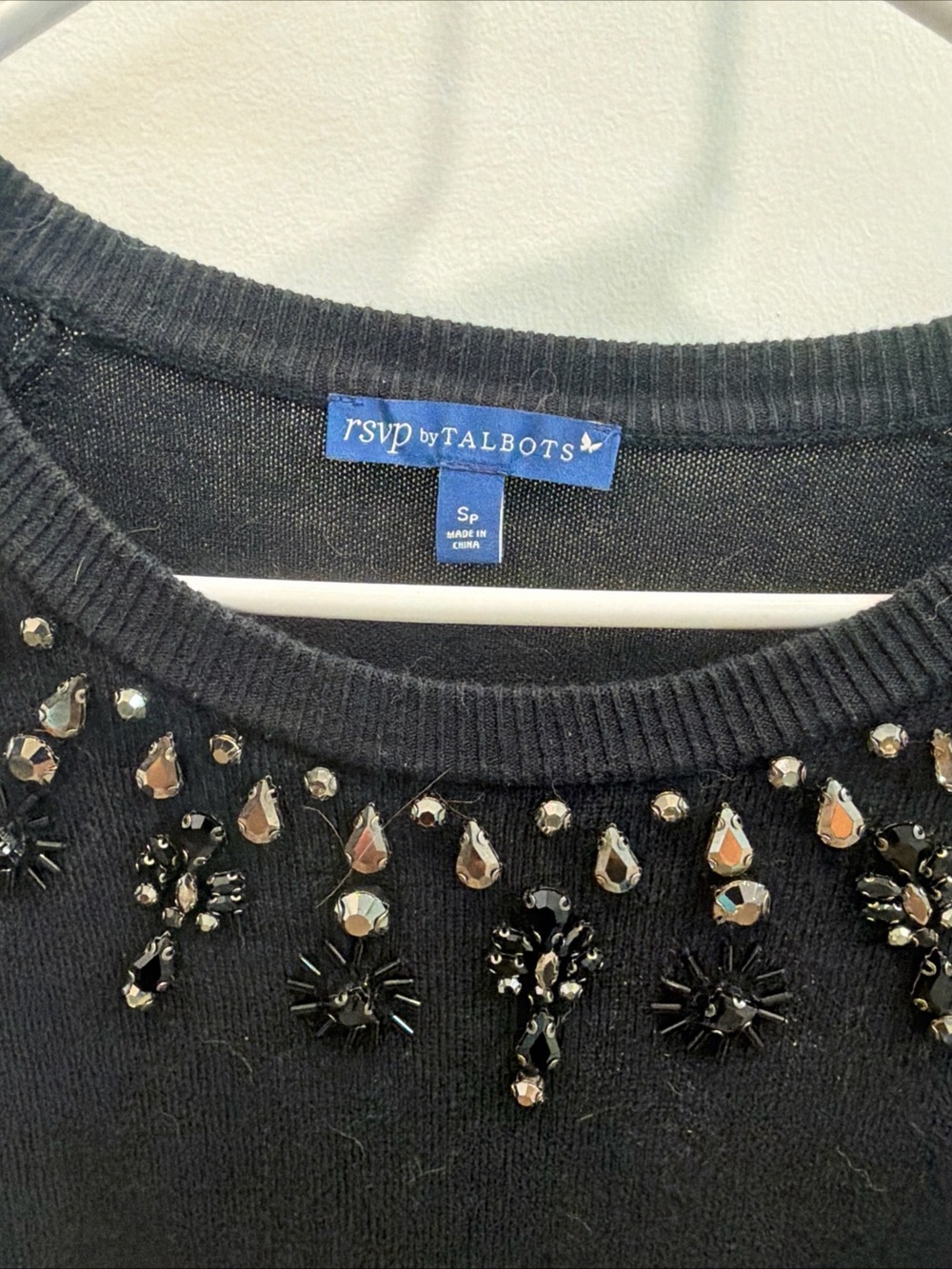 RSVP by Talbots Black Crewneck Sweater with Rhinestone & Bead Embellishment SP